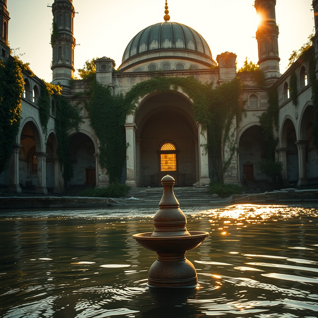 A majestic, abandoned mosque in ruins, covered in ivy climbing up its weathered walls