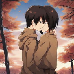 Anime characters Eren Yeager and Mikasa Ackerman in a heartwarming embrace, with detailed expressions of affection and an atmospheric background