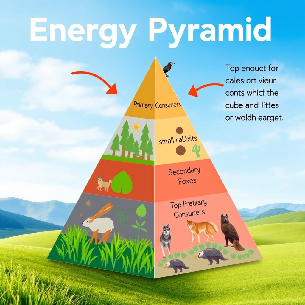 A visually engaging 2D energy pyramid diagram illustrating the flow of energy through various levels of animals in an ecosystem