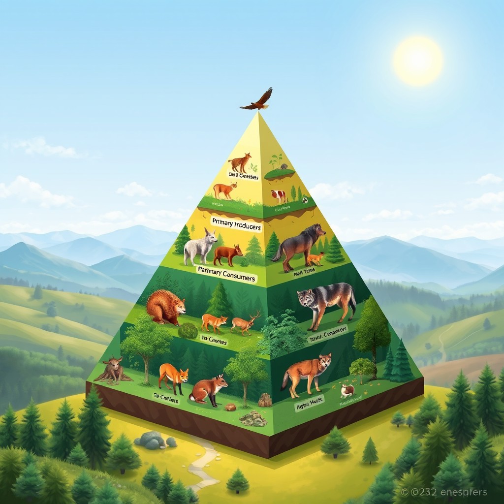 A detailed 2D energy pyramid illustration showcasing the different layers of animals in an ecosystem