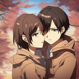 Anime characters Eren Yeager and Mikasa Ackerman in a heartwarming embrace, with detailed expressions of affection and an atmospheric background