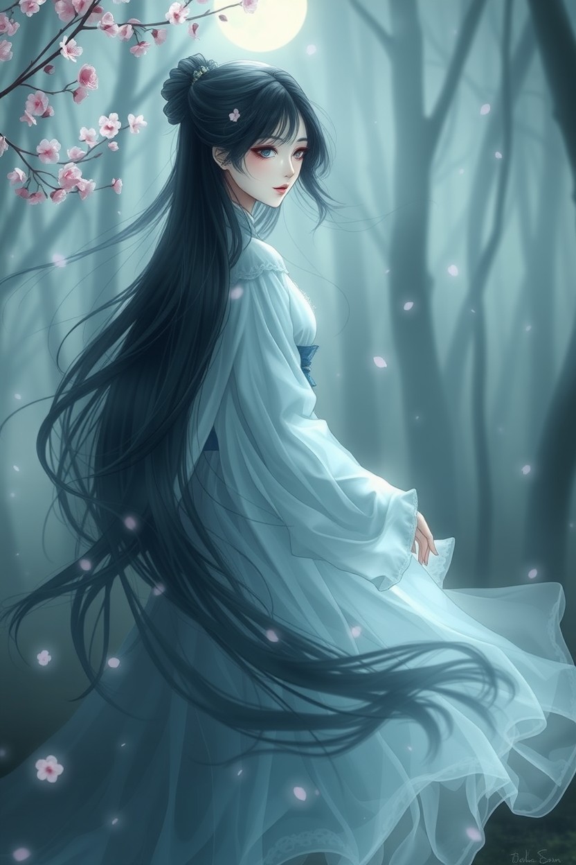 A ghostly girl with an ethereal presence, featuring traditional Korean attire such as a hanbok, flowing gracefully through a misty forest