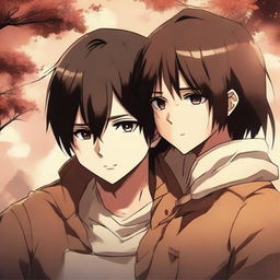 Anime characters Eren Yeager and Mikasa Ackerman in a heartwarming embrace, with detailed expressions of affection and an atmospheric background