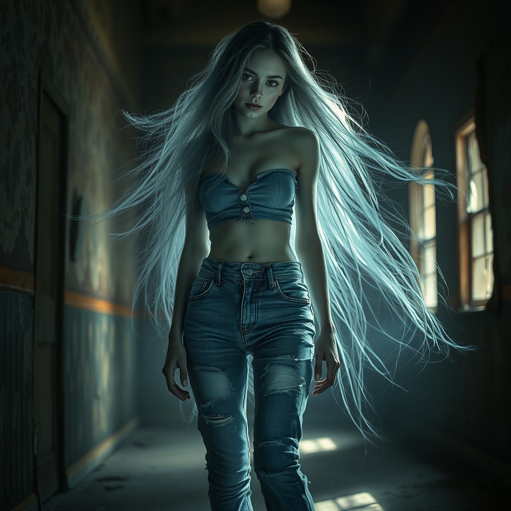 A hauntingly beautiful ghost girl wearing stylish, distressed denim jeans, her ethereal figure glowing softly in a dimly lit abandoned building