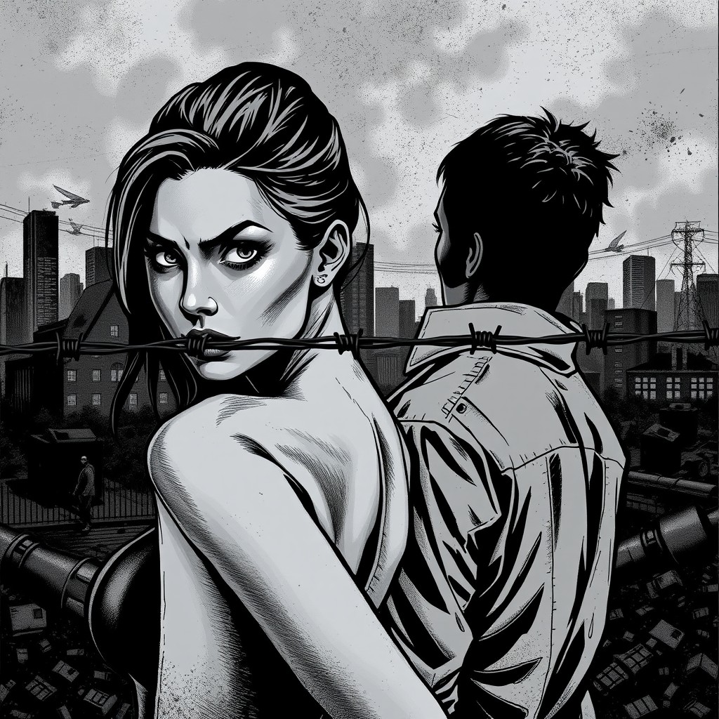 A black-and-white dystopian scene featuring a beautiful woman and a man standing by a barbed wire fence close to their faces