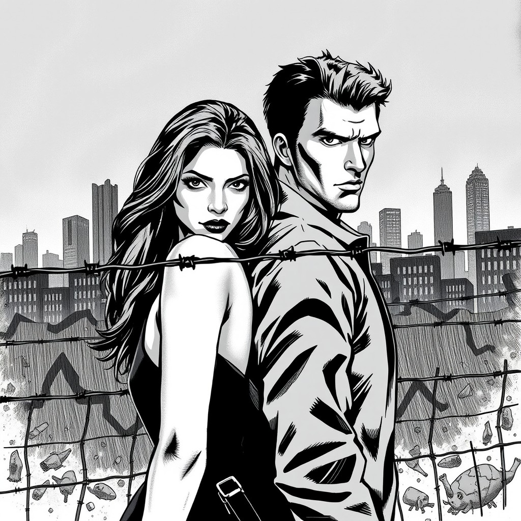 A black and white dystopian scene featuring a beautiful woman and a handsome man standing by a barbed wire fence close to their faces