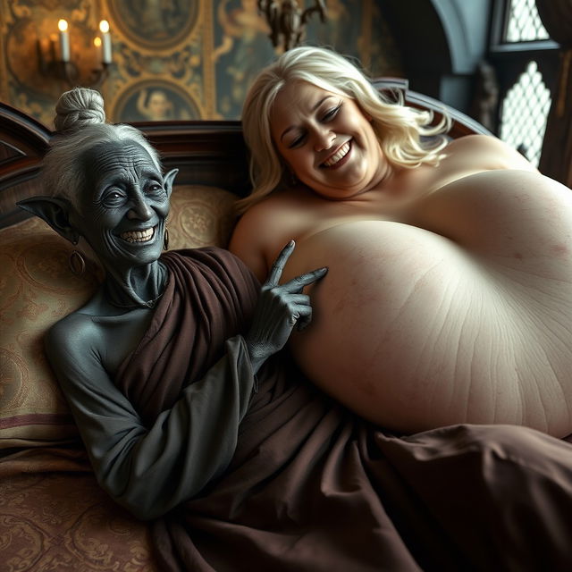 Lying on a medieval bed in a lavishly decorated medieval room, an elderly, unattractive black woman with very dark skin, petite and emaciated, displaying sharp crooked teeth and elf-like ears