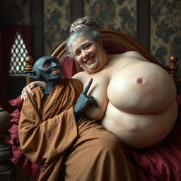 Lying on a medieval bed in a richly decorated medieval room, an elderly, unattractive black woman with very dark skin, petite and emaciated, showcasing sharp crooked teeth and elf-like ears