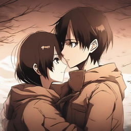 Anime characters Eren Yeager and Mikasa Ackerman in a heartwarming embrace, with detailed expressions of affection and an atmospheric background