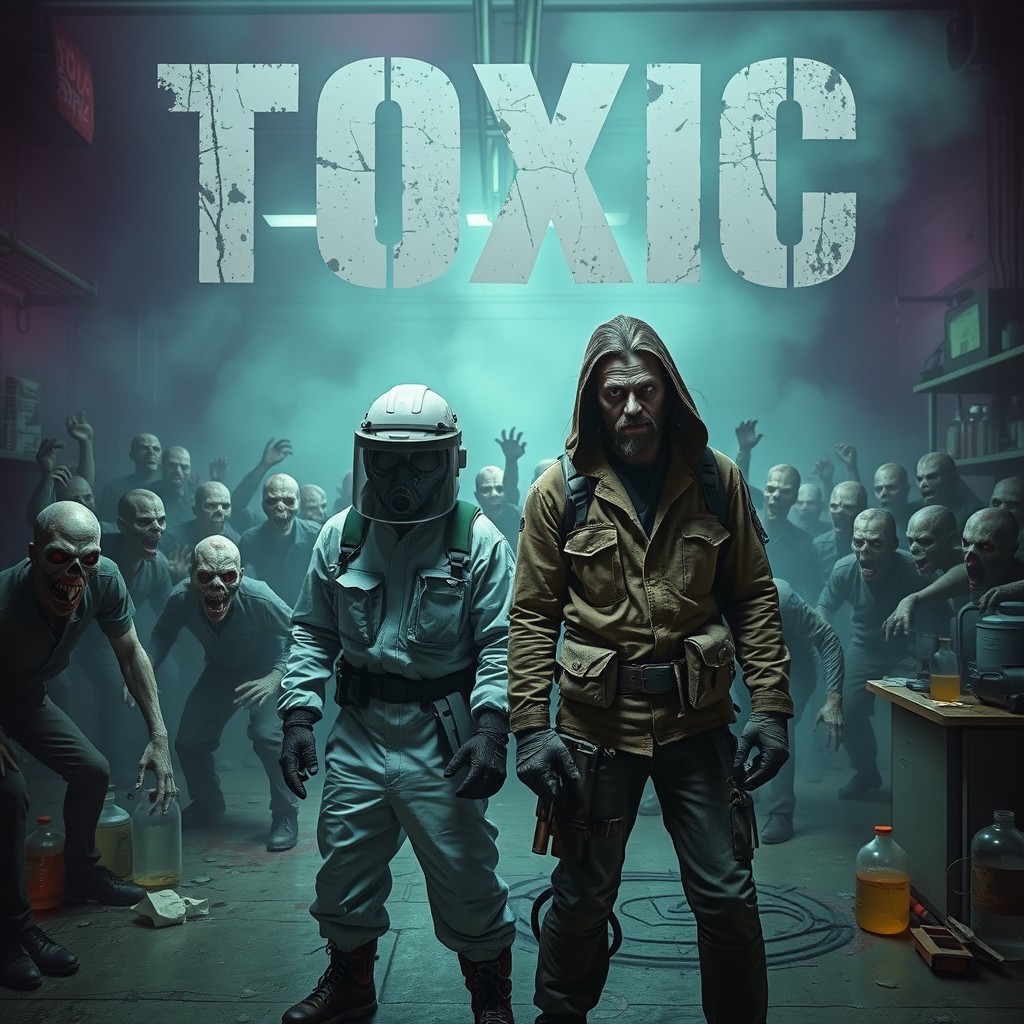 A compelling scene featuring two characters, one in protective gear and the other in a rugged, post-apocalyptic outfit, standing firmly in a toxic laboratory