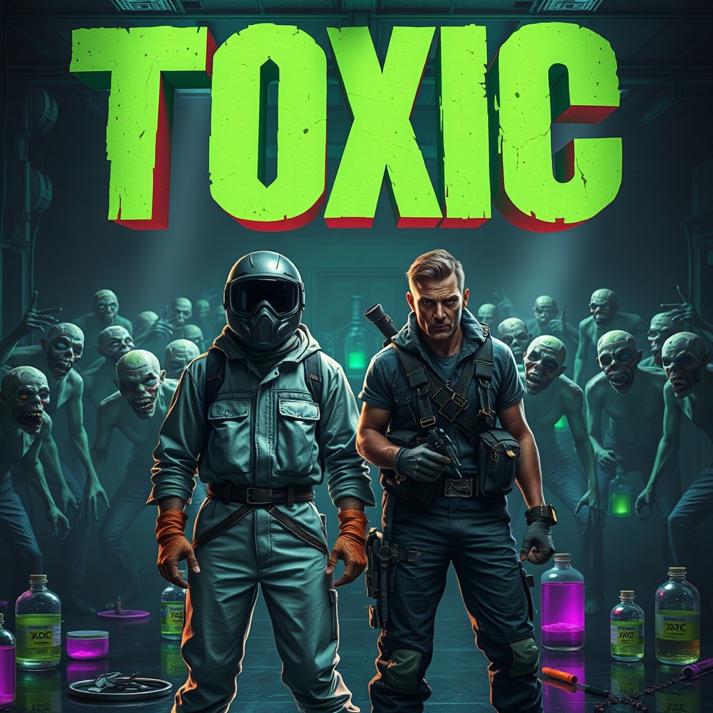A thrilling scene depicting two characters, one in protective gear and the other dressed in rugged survival attire, standing boldly in a toxic laboratory