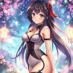 A stunning anime-style waifu character, featuring long flowing hair and captivating eyes, dressed in a stylish and form-fitting outfit that emphasizes her beauty and appeal