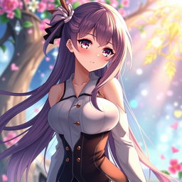 A stunning anime-style waifu character, featuring long flowing hair and captivating eyes, dressed in a stylish and form-fitting outfit that emphasizes her beauty and appeal
