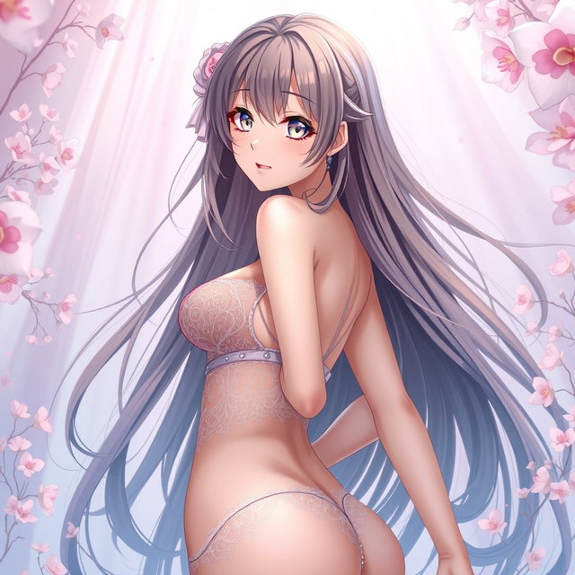A beautiful anime-style waifu character with long flowing hair and captivating eyes, portrayed in an artistic, tasteful manner, wearing intricate lingerie that accentuates her curves