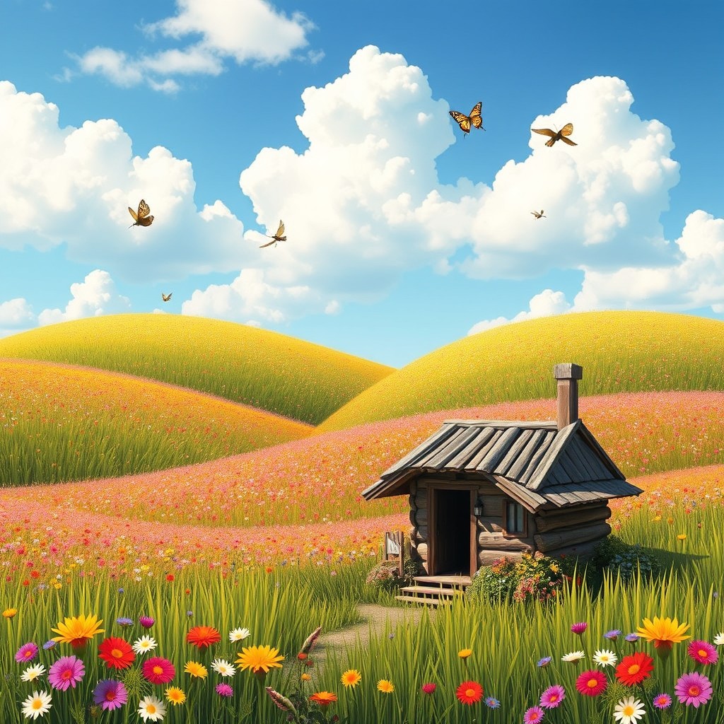 A whimsical and charming prairie landscape featuring rolling hills covered with vibrant wildflowers in various colors, a clear blue sky with fluffy white clouds, and a gentle breeze causing the tall grass to sway