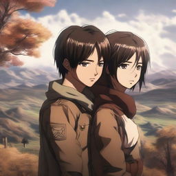 A hyper-realistic depiction of Eren Yeager and Mikasa Ackerman from anime, sharing a poignant embrace, featuring lifelike features and surroundings