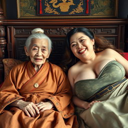 In a beautifully decorated medieval Chinese bedroom, two women are lying together on an ornate wooden bed, surrounded by traditional Chinese décor and rich fabrics