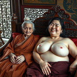 In a beautifully decorated medieval Chinese bedroom, two women are lying together on an ornate wooden bed, surrounded by traditional Chinese décor and rich fabrics
