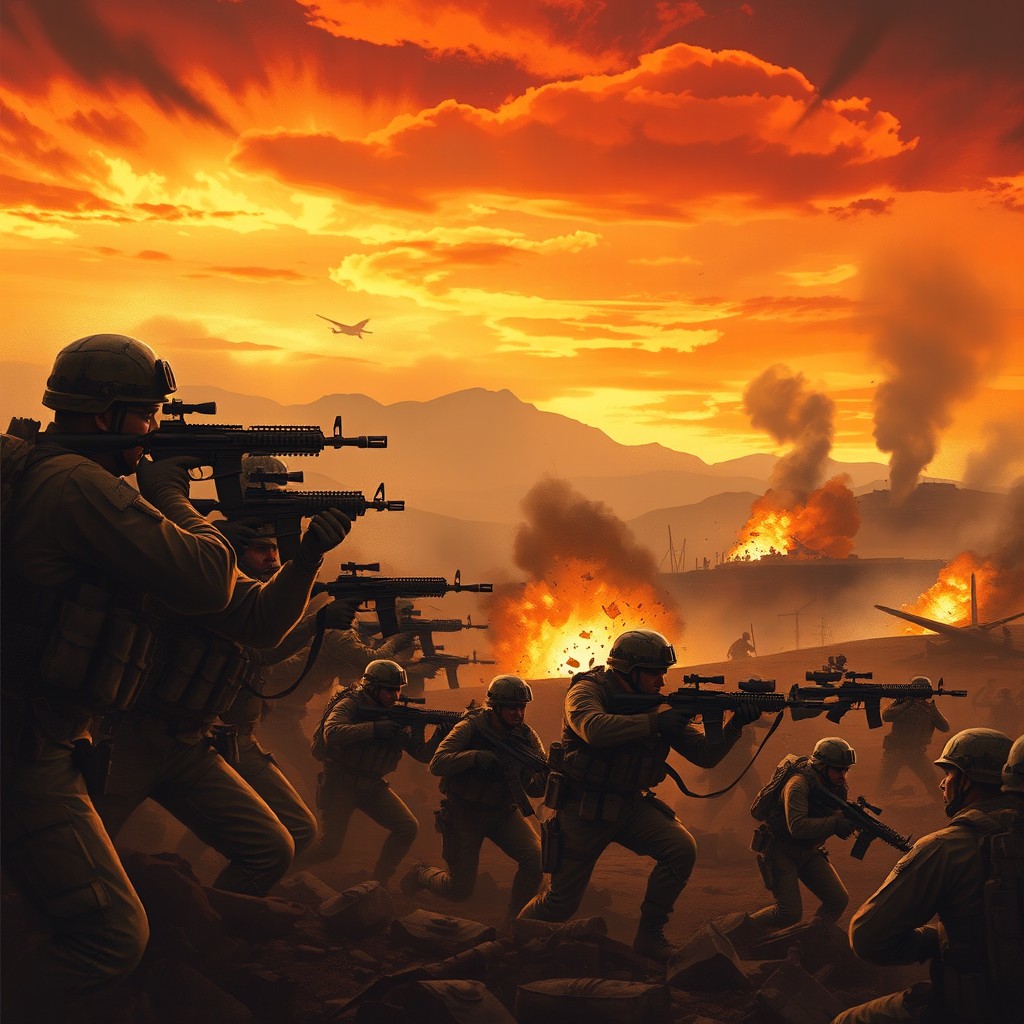 A fierce and dynamic scene of a battlefield, filled with determination and intensity