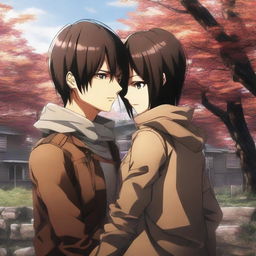 A hyper-realistic depiction of Eren Yeager and Mikasa Ackerman from anime, sharing a poignant embrace, featuring lifelike features and surroundings