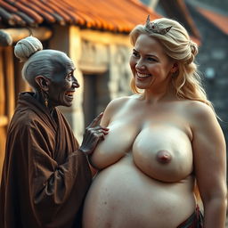In a medieval village, an elderly black woman, who is very small and emaciated with rotten teeth and pointed ears, wears a long, fully closed Buddhist robe