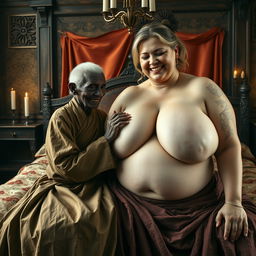 In a lavish medieval bedroom, two women are positioned on a grand bed