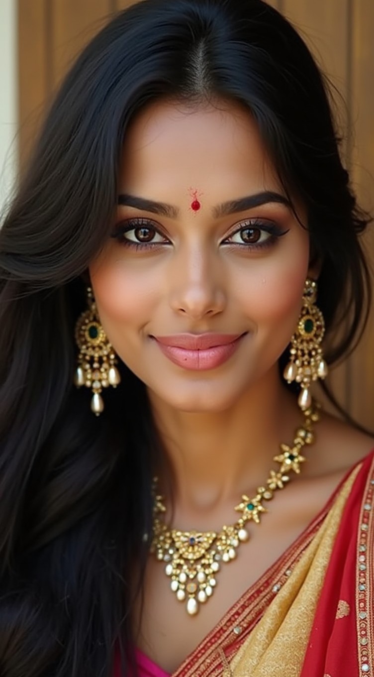 A stunning South Indian model adorned with beautiful Indian jewelry that enhances her traditional look