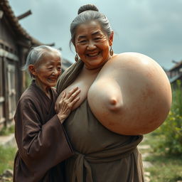 In a medieval Chinese village, an elderly Chinese woman, very small and emaciated, is depicted
