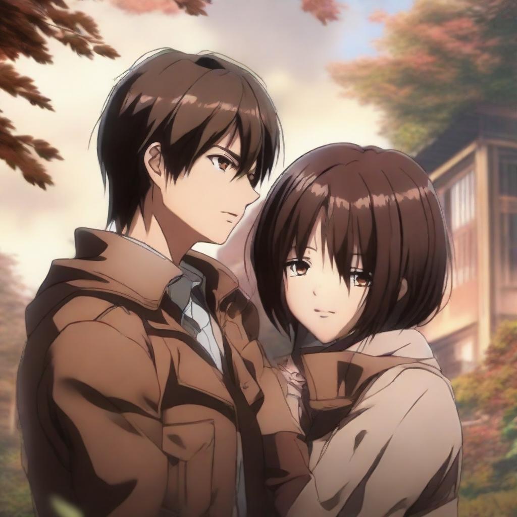 A hyper-realistic depiction of Eren Yeager and Mikasa Ackerman from anime, sharing a poignant embrace, featuring lifelike features and surroundings