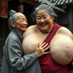 In a medieval Chinese village, an elderly Chinese woman, very small and emaciated, is depicted