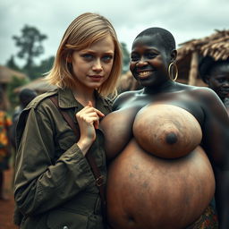 In a cloudy African village setting, a young, petite and undernourished blonde woman with rotten teeth and striking blue eyes is dressed in a long, closed US Army uniform