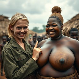 In a cloudy African village, a young, petite, and undernourished blonde woman with rotten teeth and striking blue eyes is dressed in a long, closed US Army uniform