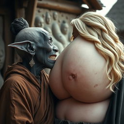 In a medieval village setting, an elderly black woman, notably short and emaciated with rotten teeth and elfin ears, wears a long, closed Buddhist cloak