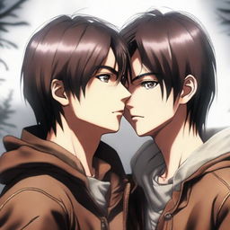 A hyper-realistic depiction of Eren Yeager and Mikasa Ackerman from anime, sharing a poignant embrace, featuring lifelike features and surroundings