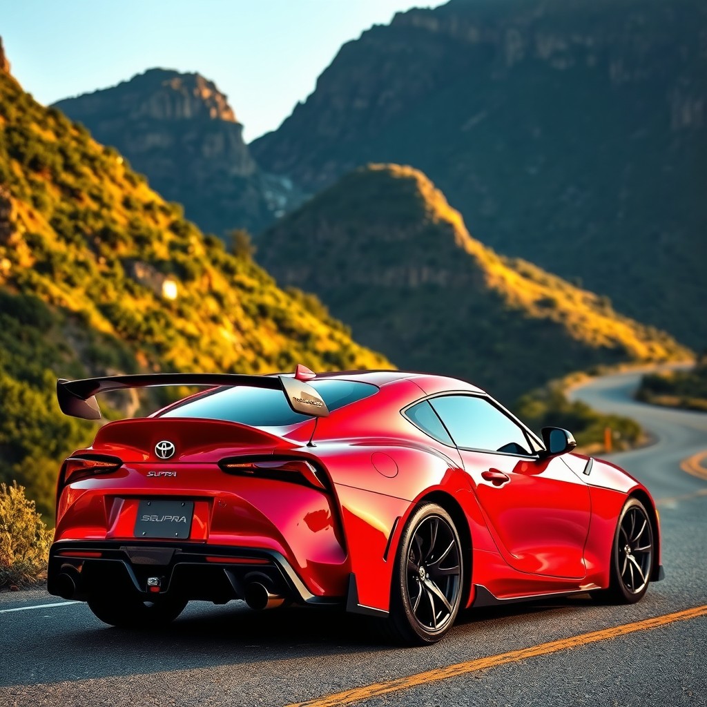 A stunning Toyota Supra Mk4 parked on a scenic mountain road surrounded by lush greenery and dramatic cliffs, showcasing its sleek lines, distinctive rear wing, and vibrant red paint