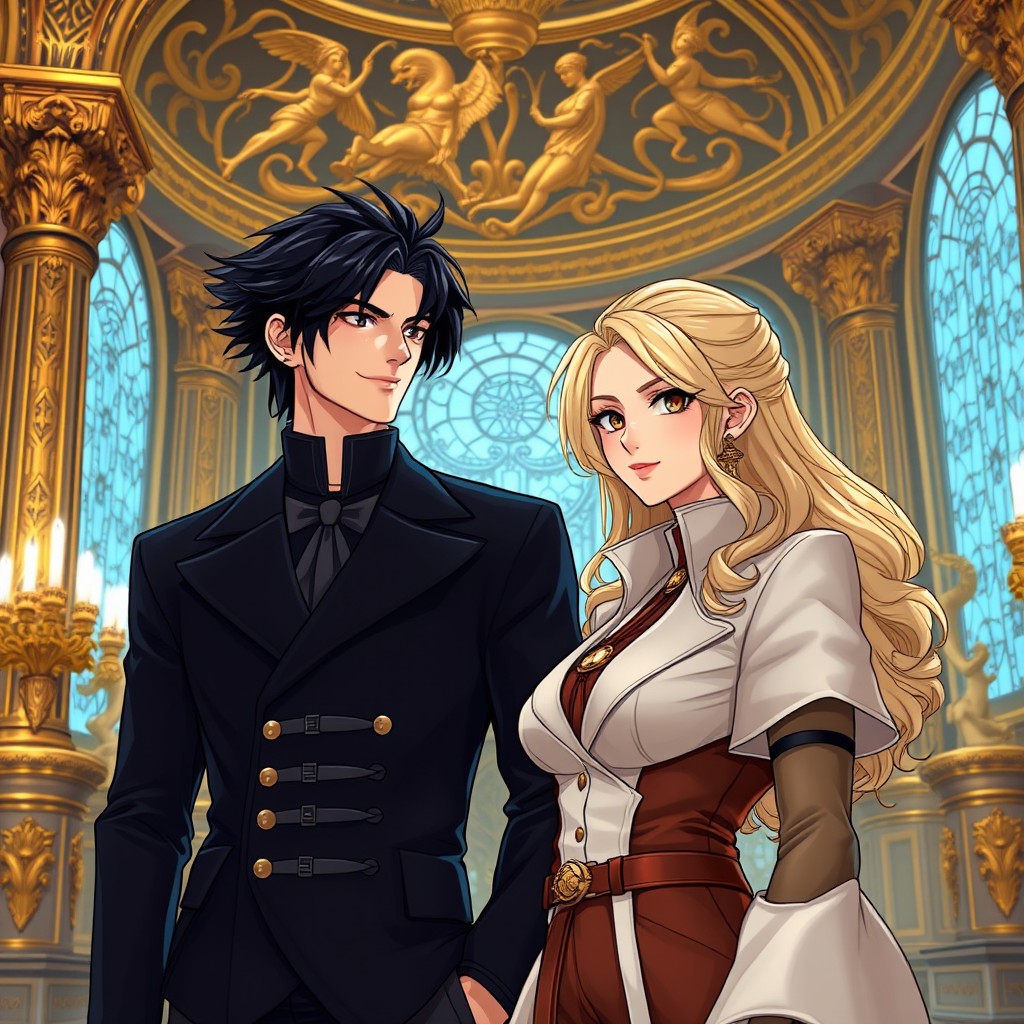 A powerful blonde girl attending an opulent academy adorned in intricate golden figures