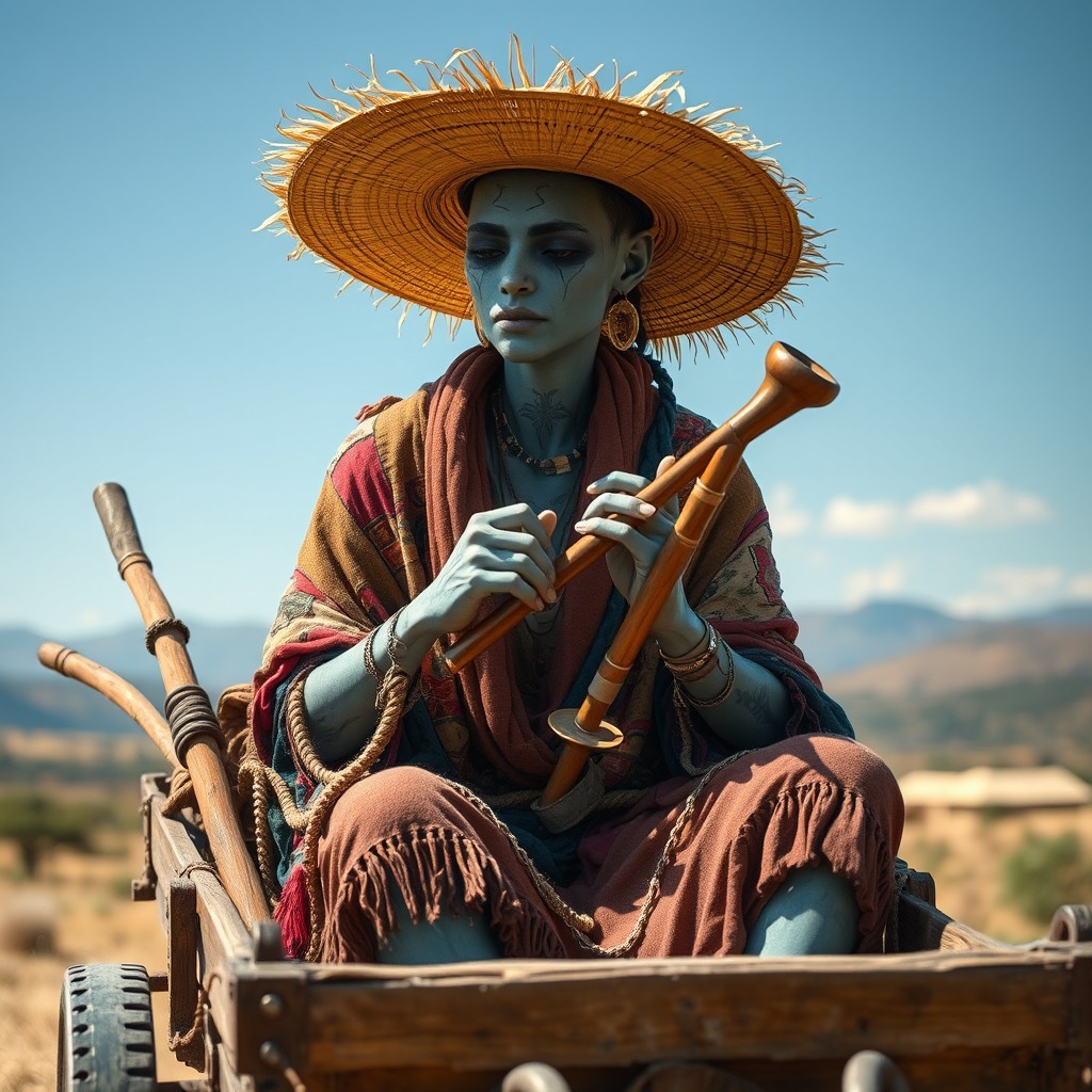 A tall and thin air genasi with strong and sturdy build and captivating bluish-gray skin, adorned with tribal tattoos