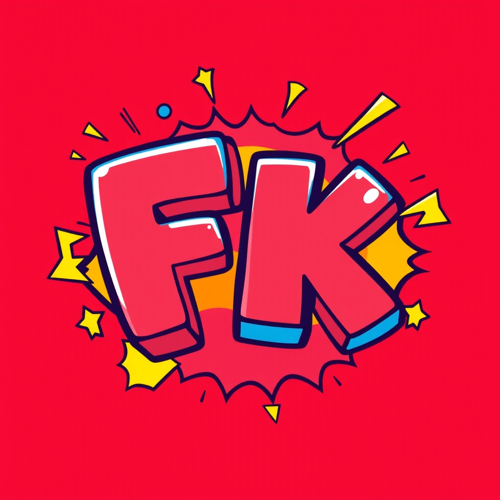 A vibrant cartoon logo featuring the letters 'FK' in a playful, exaggerated style, with a bright color palette including reds, blues, and yellows