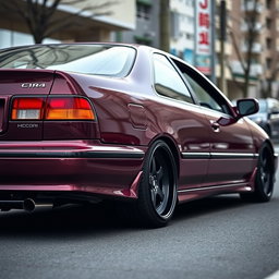 A modified 1994 Honda Accord Cielo in an elegant JDM style, showcasing a glossy burgundy color