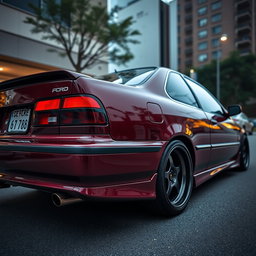 A modified 1994 Honda Accord Cielo in an elegant JDM style, showcasing a glossy burgundy color
