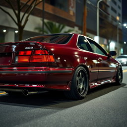 A modified 1994 Honda Accord Cielo in an elegant JDM style, showcasing a glossy burgundy color