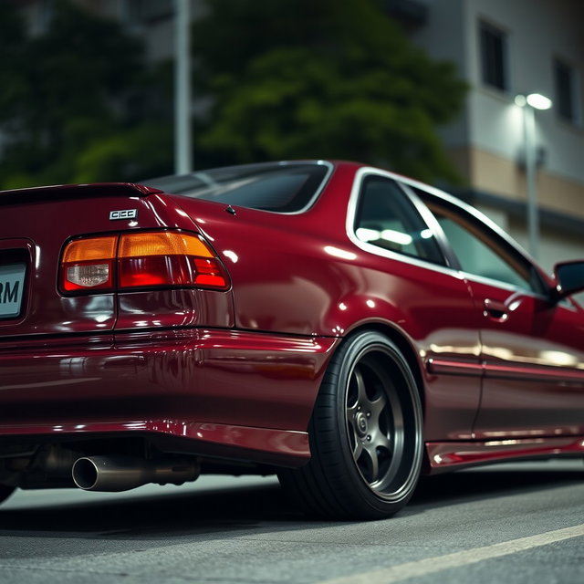 A modified 1994 Honda Accord Cielo in an elegant JDM style, showcasing a glossy burgundy color