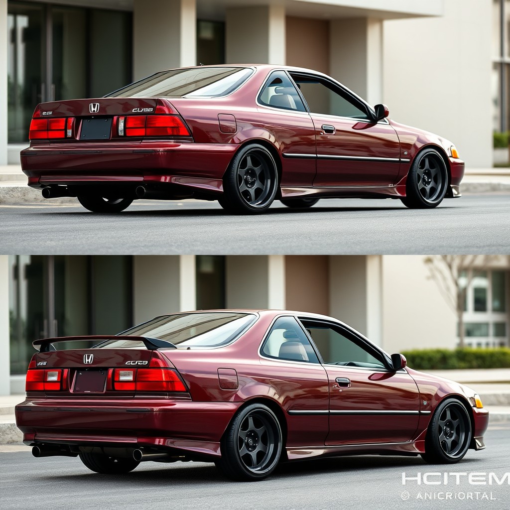 A modified 1994 Honda Accord Cielo in an elegant JDM style, featuring a glossy burgundy color