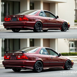A modified 1994 Honda Accord Cielo in an elegant JDM style, featuring a glossy burgundy color