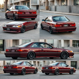 A modified 1994 Honda Accord Cielo in an elegant JDM style, featuring a glossy burgundy color