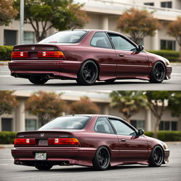 A modified 1994 Honda Accord Cielo in an elegant JDM style, featuring a glossy burgundy color
