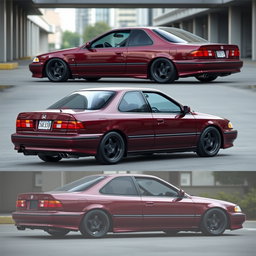 A modified 1994 Honda Accord Cielo in an elegant JDM style, featuring a glossy burgundy color