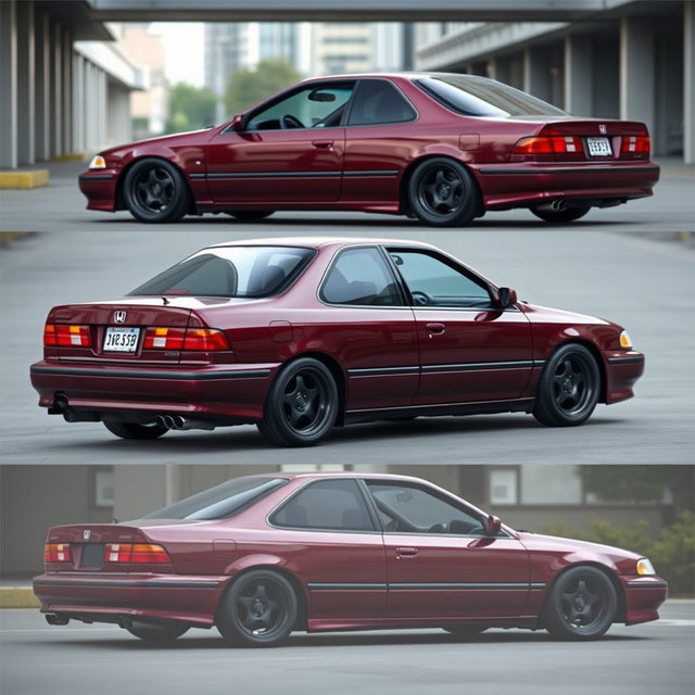 A modified 1994 Honda Accord Cielo in an elegant JDM style, featuring a glossy burgundy color