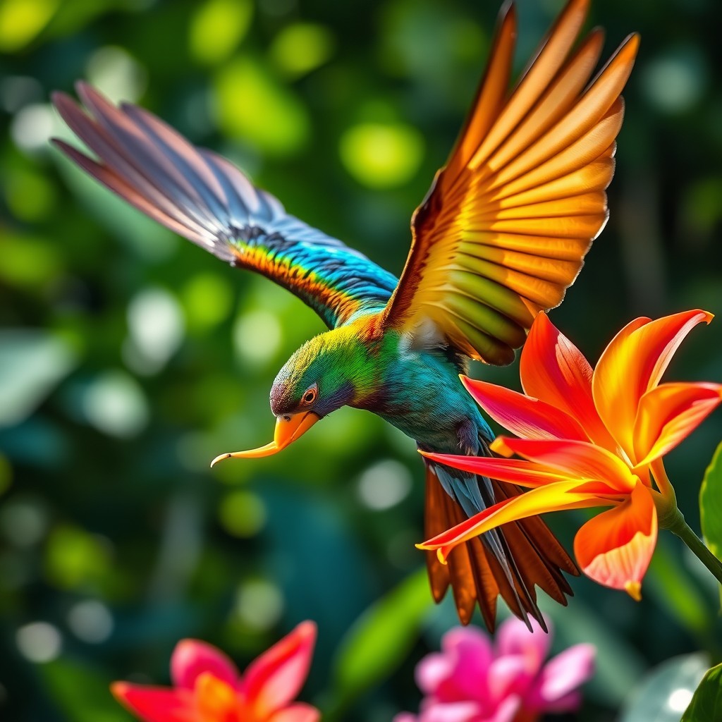 A close-up view of a colorful tropical bird in mid-flight, showing off its iridescent plumage