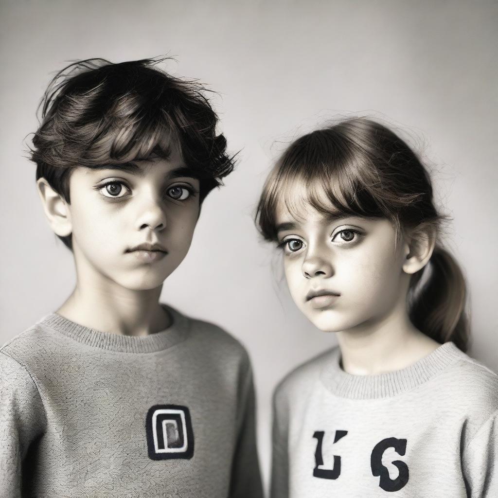 A boy and a girl making eye contact, wearing clothes with the letter 'S' visibly marked on them.